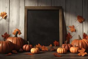 Envision a warm autumn scene with a rustic blackboard framed by vibrant pumpkins and colorful leaves, setting the perfect atmosphere for seasonal decor and gatherings with loved ones photo