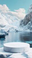 A stunning winter landscape features an elegant ice podium on a serene frozen lake, framed by snowy mountains, creating a perfect backdrop for luxury products that attract viewers attention photo