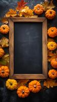 A charming rustic blackboard beautifully framed by vibrant pumpkins and colorful autumn leaves, making it an ideal choice for elegant fallthemed decorations, invitations, and announcements photo