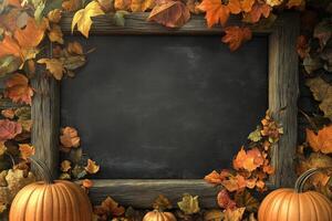This autumnthemed blackboard, adorned with colorful leaves and pumpkins, enhances decor, creates eyecatching signage, and designs unique invitations for gatherings and celebrations photo