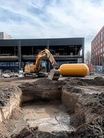 An excavator is diligently preparing the site for the installation of an underground storage tank in close proximity to a commercial building that is situated within a bustling construction area photo