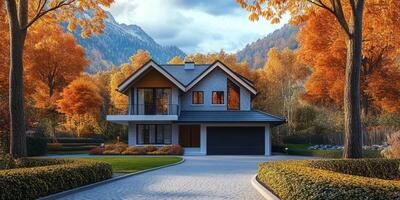 A beautiful house is surrounded by autumn foliage, featuring a charming front yard and a wellkept driveway, all embraced by majestic trees and stunning mountains that enhance the scenery photo