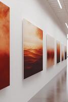 Step into a vibrant space with stunning abstract artworks in a sleek white gallery. Admire the colorful paintings blending captivating shades of red and orange for an unforgettable visual experience photo