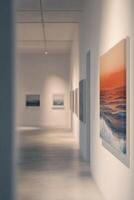 A glimpse into a contemporary art gallery showcasing vibrant seascape paintings and modern expressions in a bright space, making it a perfect destination for art lovers and enthusiasts photo