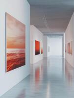 An elegant gallery showcases a diverse collection of vibrant artworks on immaculate white walls, featuring colorful abstract pieces that capture the essence of creativity and cultural influences photo