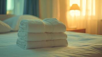A stack of clean white bath towels sits invitingly on the shelf, creating a soothing atmosphere in a cozy hotel room, perfect for relaxation and comfort for guests seeking a pleasant stay photo