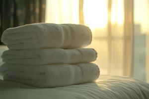 A stack of pristine white bath towels, all immaculately arranged and perfectly folded, sit invitingly on a hotel bed, ready to welcome new guests and effortlessly creating a pleasant atmosphere photo
