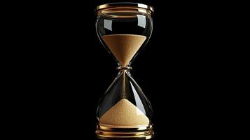 An elegant hourglass filled with golden sand flows gracefully, set against a rich black background, symbolizing the fleeting nature of time and the value of lifes precious moments photo