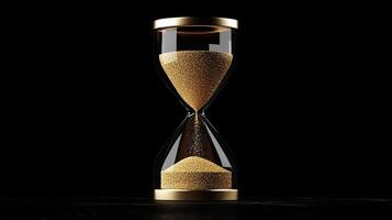 An exquisite hourglass with golden sand flows through its slender middle, set against a captivating black backdrop, symbolizing the passage of time and linking the past, present, and future photo