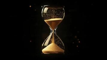 An hourglass filled with shimmering golden sand, set against a deep black background, serves as an elegant depiction of the relentless and continuous flow of time, emphasizing its fleeting nature photo