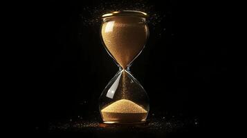 An elegant hourglass with golden sand on a black background symbolizes the relentless passage of time, prompting reflection on existence, life, death, and our inevitable mortality photo