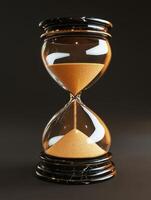 An elegantly designed hourglass filled with golden sand flows between two clear chambers against a black background, symbolizing the beauty of times inevitable passage and transformation photo
