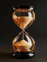 An ornate hourglass filled with shimmering golden sand symbolizes the passage of time, creating a striking contrast against a deep black background for a captivating visual effect photo