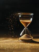 An exquisite hourglass, filled with shimmering golden sand, flows against a deep black background, symbolizing the relentless passage of time and the rich tapestry of our life experiences photo