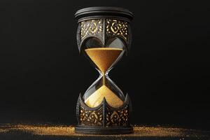 An exquisitely ornate hourglass elegantly displays golden sand cascading down, symbolizing the inevitable passage of time against a stunning sleek black backdrop that adds depth and sophistication photo