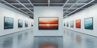 Visit a spacious gallery to explore a vibrant collection of modern abstract artworks with bright colors, diverse styles, and unique patterns that inspire creativity and imagination in every visitor photo