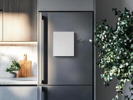 Imagine a modern refrigerator with a striking white square magnet in a contemporary kitchen, showcasing unique branding and innovative concepts in a captivating, visually appealing way photo