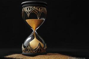 An exquisite hourglass featuring golden sand gracefully cascading against a striking and dramatic black background, beautifully representing the ephemeral and fleeting nature of time itself photo