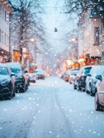 Snowcovered streets create a picturesque winter scene, but caution is essential due to icy conditions and hidden traffic hazards, making safety a top priority for pedestrians and vehicles photo