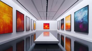 This contemporary art gallery features a vibrant collection of abstract artworks elegantly displayed on white walls, highlighting diverse creativity and artistic expression that captivates viewers photo
