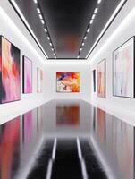 This expansive indoor gallery expertly showcases a stunning and diverse collection of vibrant modern abstract art, all set against a clean, crisp white backdrop that enhances each piece beautifully photo