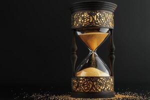 An exquisite hourglass with shimmering golden sand on a deep black background symbolizes the continuous passage of time and the fleeting nature of lifes precious moments we must cherish photo