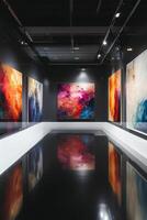 Explore a stunning exhibition of modern abstract art, featuring vibrant paintings on textured canvases, all showcased in a sleek, contemporary gallery that enhances the experience photo