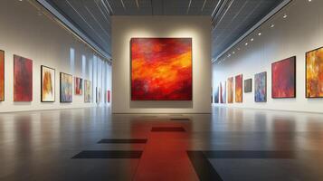 The vibrant exhibition is showcasing a diverse array of modern abstract artwork in a spacious gallery filled with colorful paintings and a variety of textured designs that captivate the eye photo