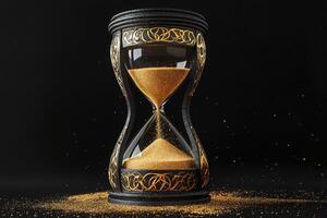 This stunning hourglass beautifully showcases golden sand flowing effortlessly against a striking black background, symbolizing the inevitable and relentless passage of time in our lives photo