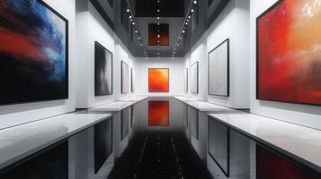 Visit a modern art gallery showcasing vibrant abstract paintings on white backgrounds, inviting art enthusiasts to immerse themselves in contemporary creativity and cultural expression photo