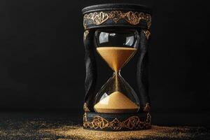An ornate hourglass filled with shimmering golden sand, vividly illustrating the passage of time against a dramatic and striking black backdrop that enhances its beauty and elegance photo