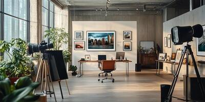 This vibrant advertising agency office is filled with inspiration boards, dynamic artwork, and photography that showcase creativity and highlight successful client collaborations that inspire growth photo