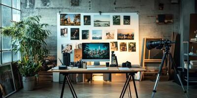 This lively advertising agency features a dynamic workspace with inspiration boards, modern photography tools, and a warm atmosphere, ideal for client engagement and fostering team creativity photo