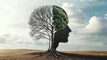 This artwork depicts significant environmental change, showcasing a split tree head that contrasts ongoing pollution with the vibrant, thriving nature that beautifully surrounds us photo