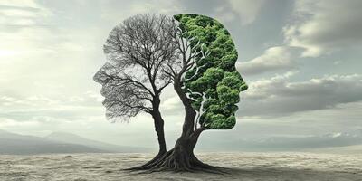 This artwork contrasts a withered tree resembling a human head with a vibrant green tree, symbolizing global warmings impact and the urgent need for ecological awareness and collective action photo