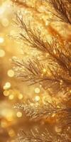 A closeup image of golden tree branches adorned with shimmering festive lights, creating a warm and enchanting atmosphere perfect for the joyous holiday season we cherish and love photo