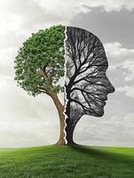 This artwork contrasts a vibrant, healthy tree with a decaying, humanshaped tree, symbolizing the damaging effects of pollution and global warming on our environment and ecosystems photo