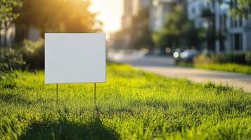 Blank sign on grass in front of city street photo
