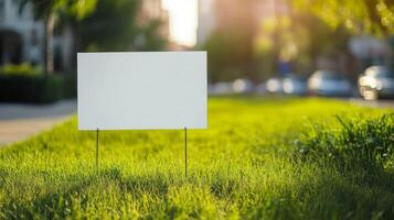 Blank sign on grass in front of a street photo