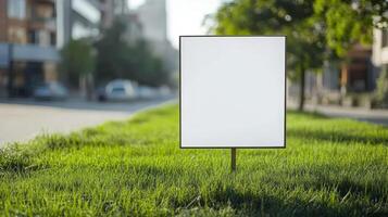 Blank billboard on grass in city photo