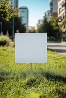 Blank sign on grass in front of city buildings photo