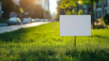 Blank sign on grass in front of city street photo
