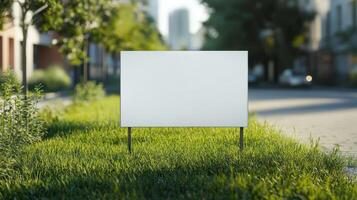 Blank sign on grass in front of a city street photo
