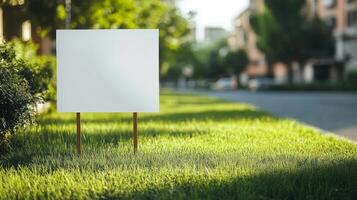 Blank sign on grass in front of a building photo