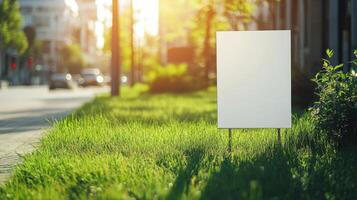 Blank sign on grass in front of city street photo