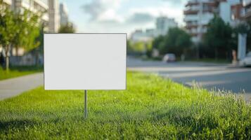 Blank sign on grass in front of a city street photo