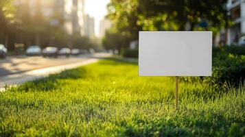 Blank sign on grass in front of city street photo
