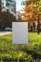 Blank sign on grass in city park photo