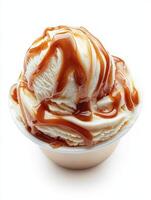 Indulge yourself in a single, delightful scoop of creamy caramel swirl ice cream, which features a rich and smooth texture combined with an irresistible caramel flavor that truly delights the senses photo