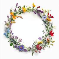 A beautifully vibrant spring floral round frame exquisitely decorated with multicolored wildflowers, making it perfect for crafting a cheerful and uplifting atmosphere for any occasion photo